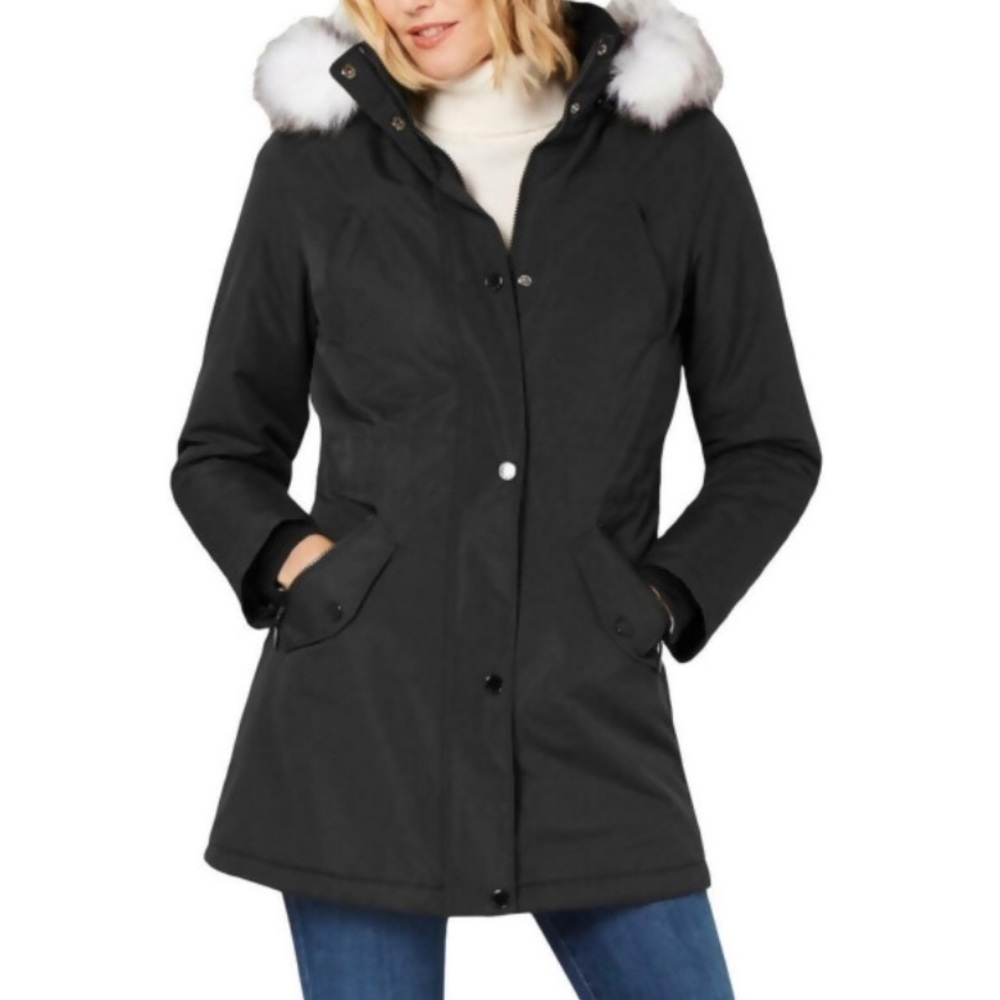 HFX Womens Black Faux Fur Pocketed Hooded Buttoned Zip Up Winter Jacket Coat